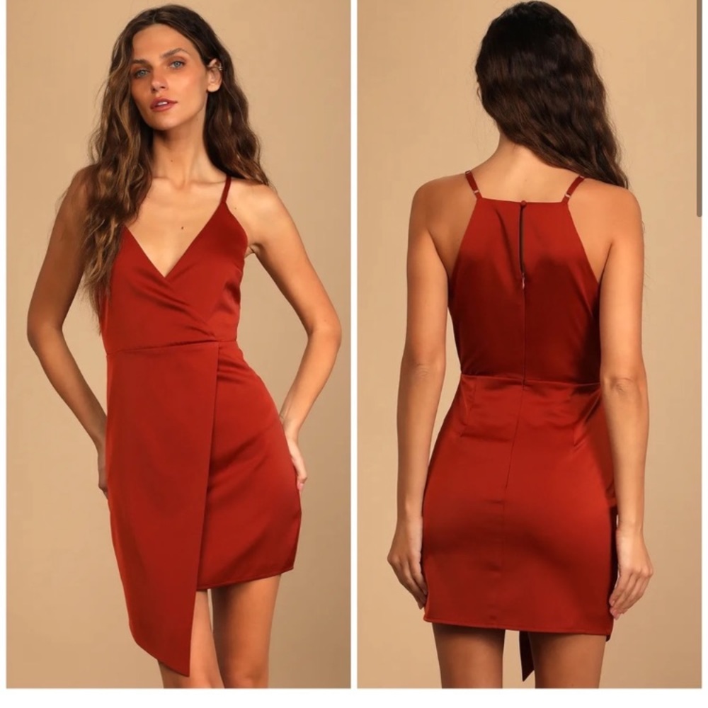Lulus Satin What a Stunner Asymmetrical Orange Rust Mini Wrap Dress